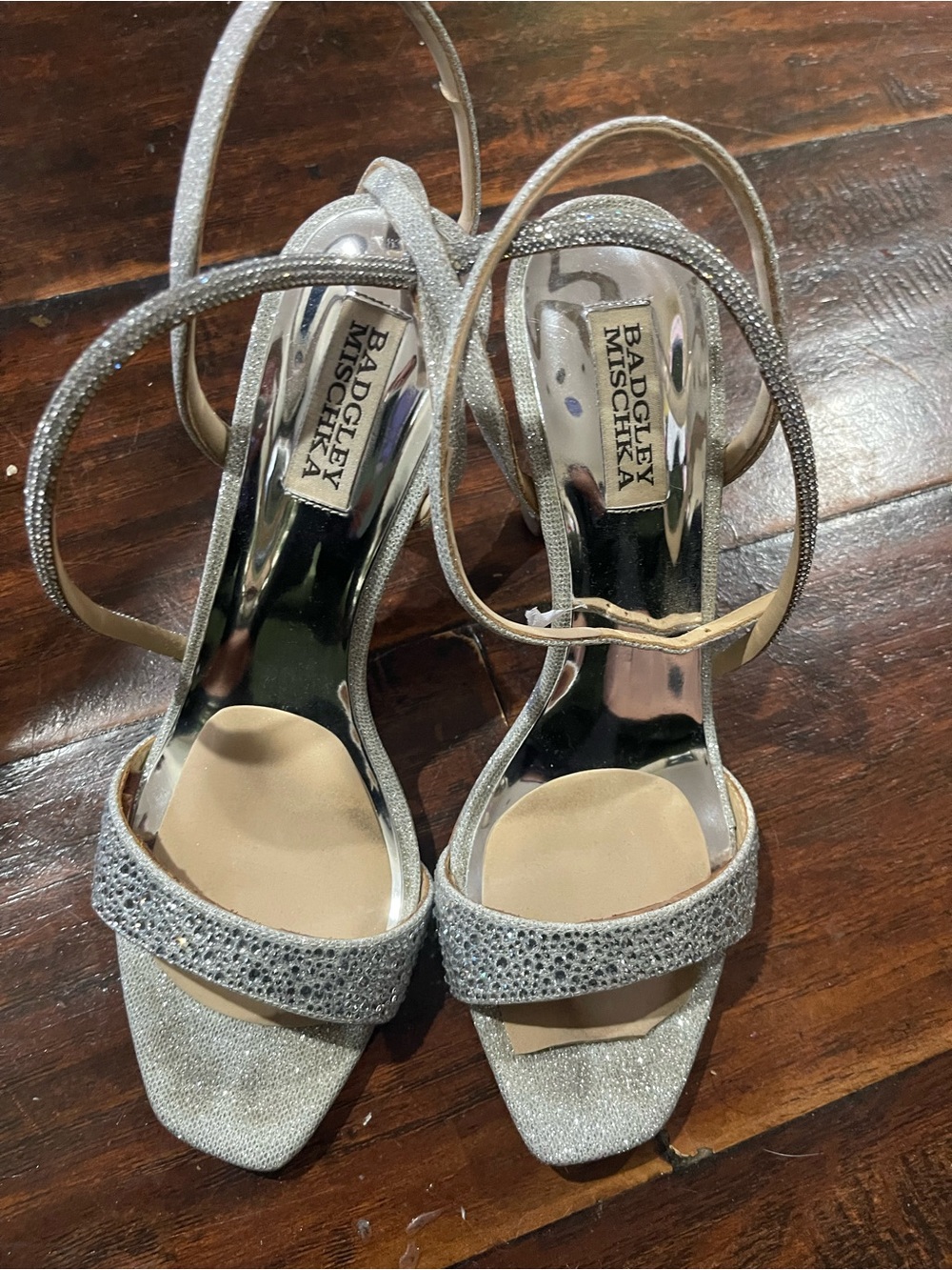 Badgley Mischka Silver Sparkle Open-Toe Heels with Ankle Straps
